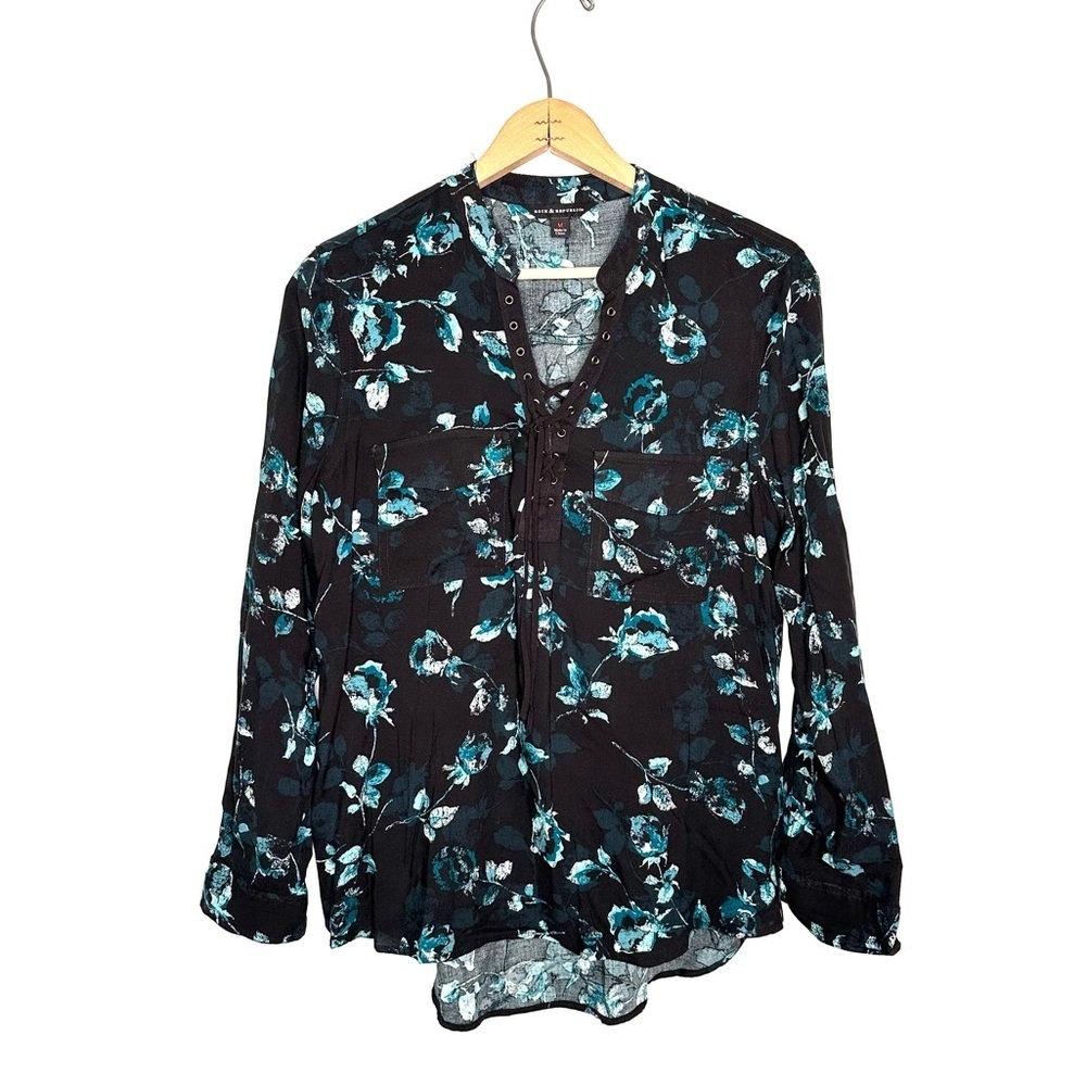 Rock & Republic Black and Teal Floral Tie V-neck Long Sleeve Blouse Size Medium
